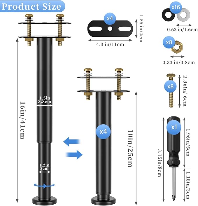 4 PCS Adjustable Height Bed Support Legs for Bed Frame/Bed Center Slat, Heavy Duty Metal Bed Frame Center Support Legs 10-16inch, Upgrade Under Bed Replacement Leg with Wider Base