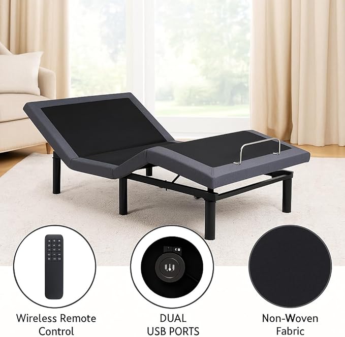 Naomi Home Idealbase Twin XL Adjustable Bed Base with Massage, USB Ports, Under-Bed Light, Wireless Remote, 800 Lb Capacity, Gray Metal Frame, Easy Assembly for Personalized Comfort and Relaxation