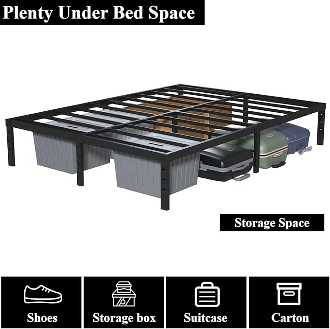 Upcanso Queen Bed Frame No Box Spring Needed, 14 Inch Heavy Duty Metal Platform Bed Frame Queen Size, 1200lbs Steel Slats Support, Easy Assembly, Black