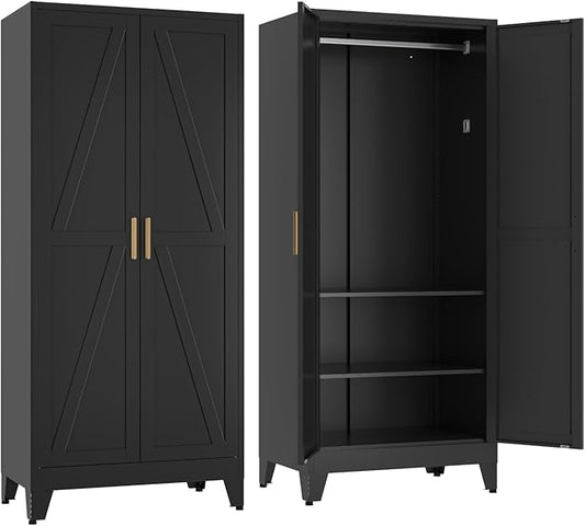COFaR 71'' Metal Armoire Wardrobe Closet, Steel Wardrobe Cabinet with Adjustable Hanging Rod and Shelves, 2 Doors Farmhouse Closet Storage for Bedroom Garage Laundry, Black Roperos para Guardar Ropa