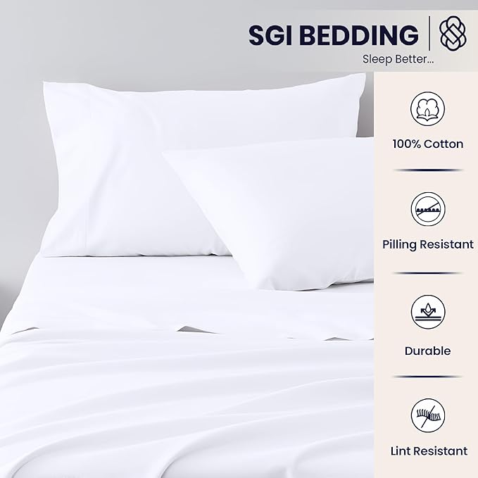 SGI Split King Sheet Set for Adjustable Bed Egyptian Premium Cotton 600 Thread Count Sheets for Sleep Number Bed 15" Deep Pocket 5 Pc Set with 2 Twin XL Fitted Sheets Soft Breathable - White