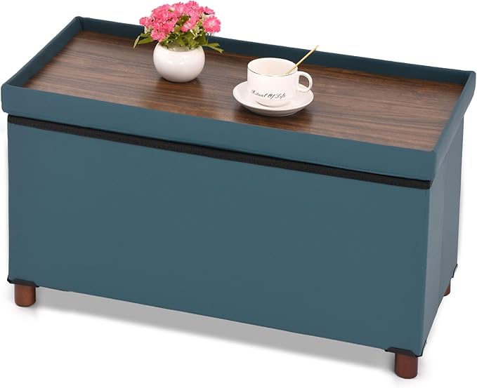 Dorriss Ottoman Storage Bench for Living Room Storage Ottoman with Tray Bedroom Foot Stool Storage Ottomans Coffee Table Lid Storage Footstool with Legs end of Bed Faxu Leather 30" Inch (D-Blue)