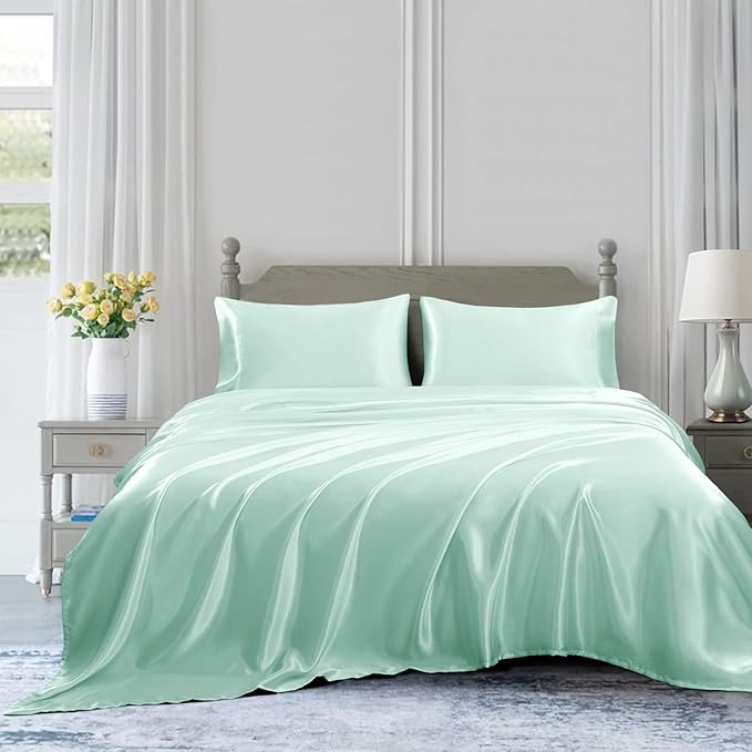 Homiest 4pcs Satin Sheets Set Luxury Silky Satin Bedding Set with Deep Pocket, 1 Fitted Sheet + 1 Flat Sheet + 2 Pillowcases (King Size, Mint Green)