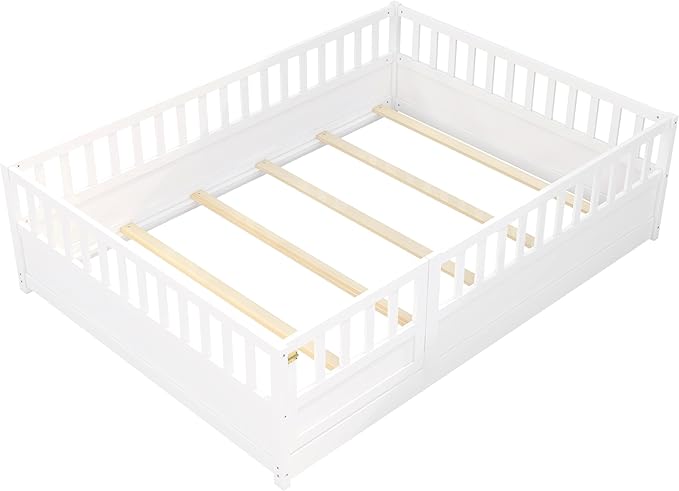 Full Floor Bed with Slats and High Fence, Full Size Montessori Floor Beds with Door, No Box Spring Needed, Easy Assemble Montessori Bed Frame(White Full)