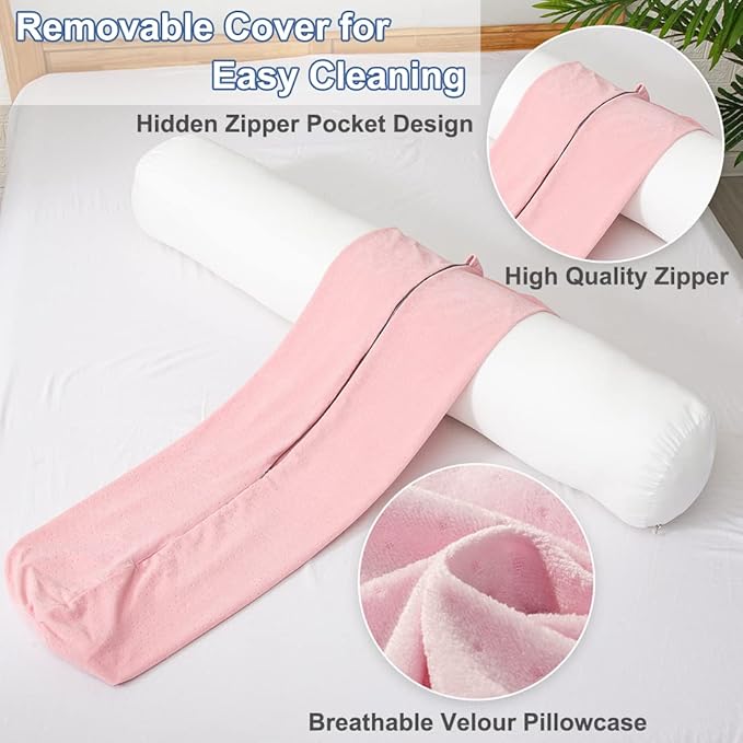 1 MIDDLE ONE Body Pillow, Bolster Pillow with Removable Velour Cover, Long Round Roll Cylinder Pillow for Bed, 35" x 7.87", Pink