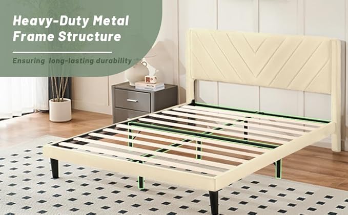 Queen Bed Frame with Headboard, Bed Frame Queen Size with Sturdy Wooden Slats Support, Platform Bed Frame with Velvet Upholstered Headboard, Mattress Foundation, Easy Assembly, No Box Spring Needed