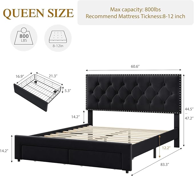 Garvee Queen Size Bed Frame with 2 Storage Drawers, Vintage Velvet Headboard Bedframe with upholstered Platform, Wooden Slat Support, Noise Free, No Box Spring Needed, Black