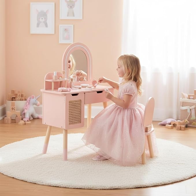 Kids Vanity Set with Lighted Mirror & Pretend Play Accessories, Pink Toddler Makeup Table and Chair Set with Storage Drawer, Princess Dressing Table for Little Girls Ages 3+