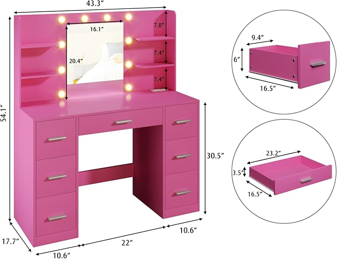 YESHOMY Vanity Desk with Mirror, Power Outlet and 10 Lights, Makeup Table with 7 Drawers, 3 Color Modes Available for Bedroom, Dark Pink