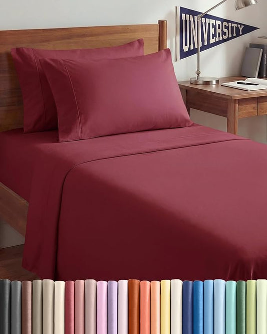 Twin XL 4 Piece Sheet Set - Comfy Breathable & Cooling - Hotel Luxury Bedding for Women, Men, Kids, Teens & Children - 1 Flat & 1 Fitted Sheet & 2 Pillowcases w/ Deep Pockets - Wrinkle Free - Burgundy