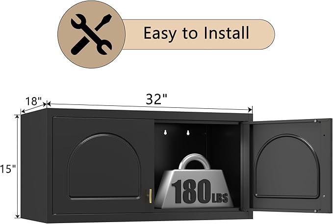 32" Metal Wall Cabinet 2 Doors,Black Hanging Cabinets with Handle,Metal Wardrobe Cabinets,Armoire Wardrobe Closet,Clothes Storage Cabinet for Bedroom,Laundry Room,Bathroom