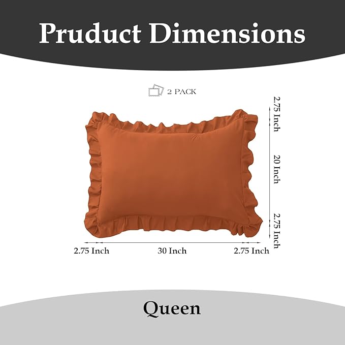 Ruffle Pillow Cases Queen Size Set of 2 – Soft Wrinkle Resistant Brushed Microfiber Ruffled Pillowcases –Envelope Pillow Shams Cover Festive Gift for Hotels, Guest Rooms 20x30 Inch (Tangerine)