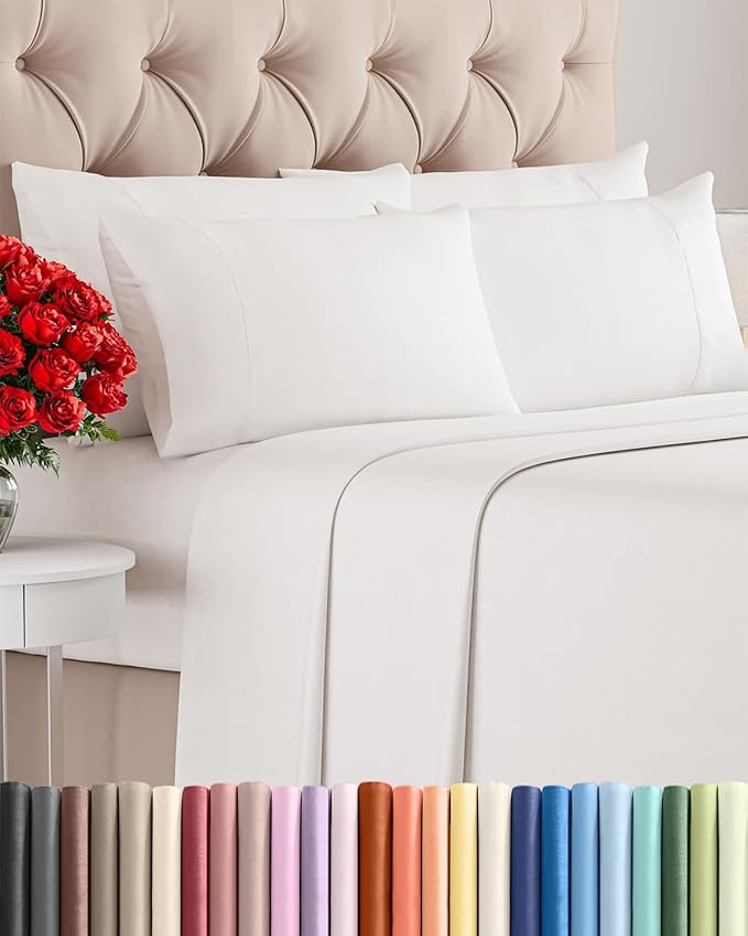 Cal King 6 Piece Sheet Set - Comfy, Breathable & Cooling - Soft Hotel Luxury Bedding for Women, Men, Kids, Teens & Children - 1 Flat & 1 Fitted Sheet & 4 Pillowcases w/ Deep Pockets - Antique White