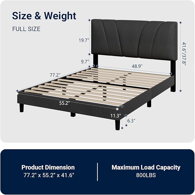 Avenco Full Bed Frame, Upholstered Platform Bed Frame with Adjustable Headboard, Wood Slat Support, Easy Assembly, No Box Spring Needed, Dark Grey