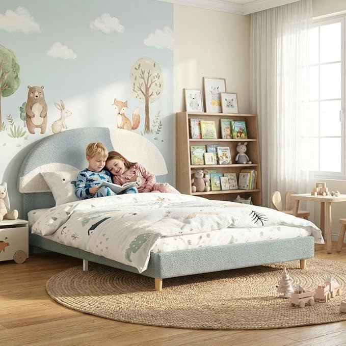 Garvee Full Bed Frame with Upholstered Round Boucle Headboard, Arch-Shaped Design in Soft Blue and White, Modern Kids Bed with Wooden Slats, No Box Spring Required and Easy Assembly
