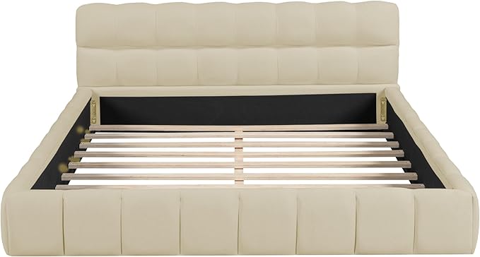 Merax Modern Queen Upholstered Bed Frame with Wingback, Linen Low Plattform Bed, No Box Spring Needed Beige