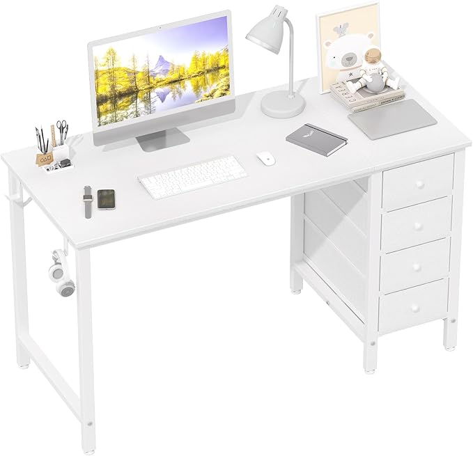 Lufeiya White Computer Desk with Drawers, 47 Inch Reversible Study Work Writing Desk for Home Office Bedroom, Simple Modern Cute PC Desks with Fabric Drawer, White