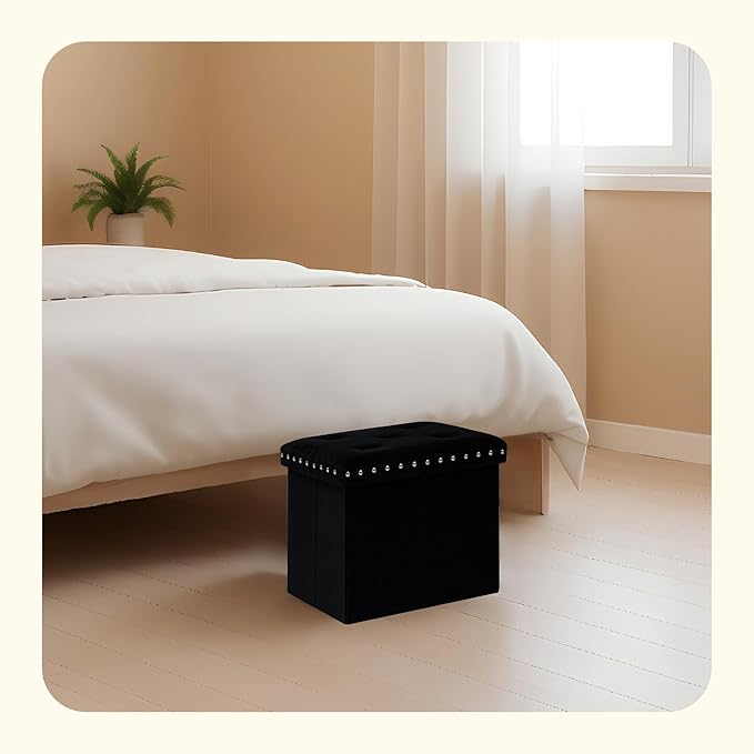 PINPLUS Storage Ottoman with Benches Foot Rest Stool, Folding Velvet Shoes Chest for Bedroom, Living Room, Grey,16.5"x12.6"x12.6"