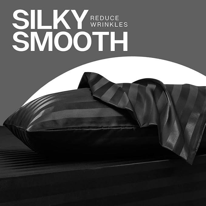 MR&HM Satin Pillowcase for Hair and Skin, Silk Satin Pillowcase 2 Pack, Queen Size Pillow Cases Set of 2, Silky Pillow Cover with Envelope Closure (20x30, Black Striped)