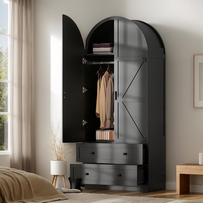 Black Armoire Wardrobe Closet,Wooden Wardrobe with 2 Doors and 2 Drawers,Bedroom Freestanding Armoire Storage Cabinet with Hanging Rack,Wardrobe Storage with with Hanging Rod for Bedroom, Cloak Room