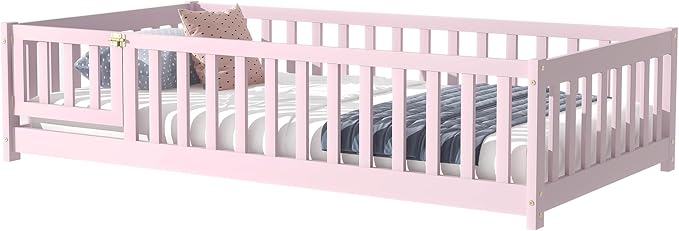Bellemave Montessori Twin Floor Bed Frame with Fence and Removable Door, Low Profile Twin Size Montessori Bed Frame for Kids, Solid Wooden Floor Beds with Slats for Bedroom,Nursery, Pink