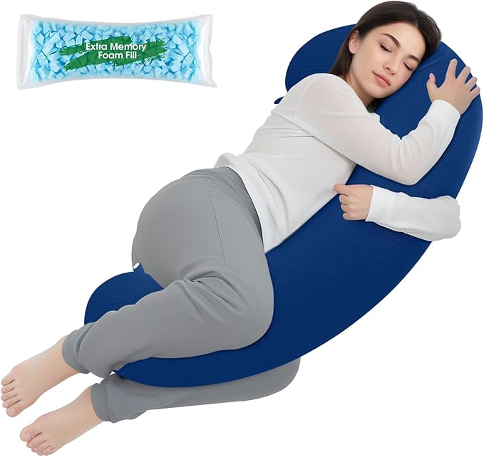 TranquilRelax C Shaped Body Pillow for Side Sleepers, Memory Foam Long Pillow for Leg, Hip & Back Support, Soft Washable Cover,Navy Blue-35"*10"