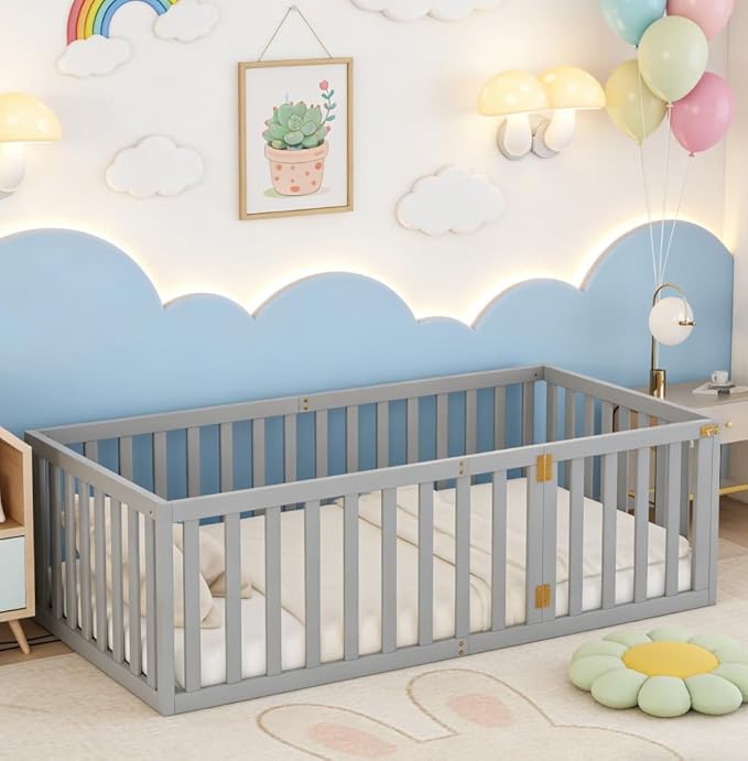 Bellemave Full Size Montessori Floor Bed with 21.7" High Rails, Pine,Plywood Floor Bed with Small Door, Grey