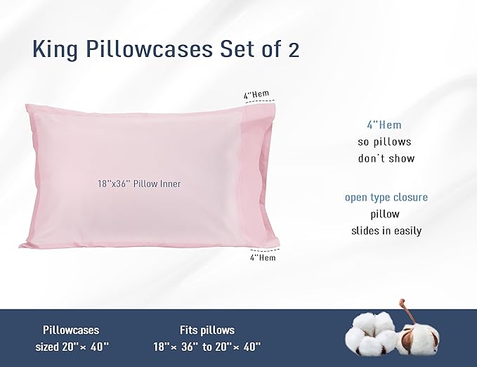 Pillow Cases, King Size Cotton Percale Weave Pillowcases, Pre-Shrunk Breathable and Hypoallergenic Pillowcases, Set of 2 (2 Piece King 20 Inch x 40 Inch, Dark Pink)