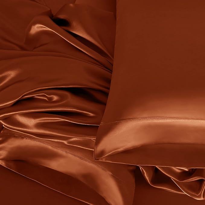 Homiest 3pcs Satin Sheets Set Luxury Silky Satin Bedding Set with Deep Pocket, 1 Fitted Sheet + 1 Flat Sheet + 1 Pillowcases (Twin Size, Burnt Orange)