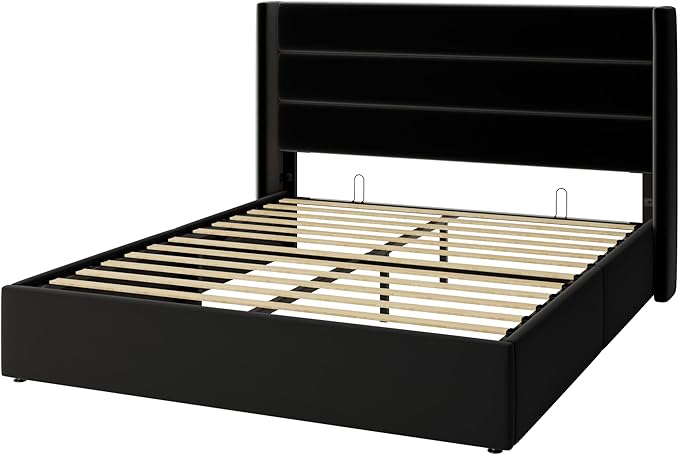 SHA CERLIN Queen Size Lift Up Storage Bed/Velvet Upholstered/Modern Wingback Headboard/Upholstered Platform Bed Frame/Hydraulic Storage/No Box Spring Needed/Black