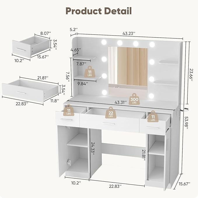 DUMOS Vanity Desk Makeup with Mirror LED Lights, Table with Power Outlet 3 Drawer, 4 Storage Shelves & 2 Cabinets, 3 Lighting Modes & Adjustable Brightness, Dressing Tables for Bedroom, White