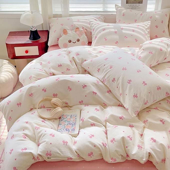 Nayoroom Pink Bow Duvet Cover Twin Size Heart Bows Printed Coquette Bedding Set 2 Pcs Kids Girls Cute Comforter Cover with Zipper Closure Soft Breathable Microfiber