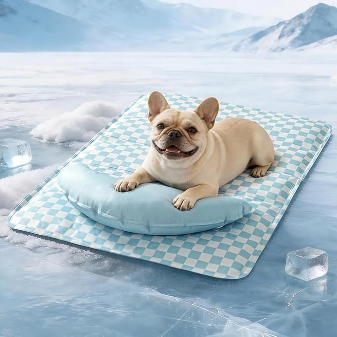 SOMAHE Pet Cooling Mats Pad for Dogs, Portable Summer Self-Cooling Mat with Removable Crescent Pillow for Small Dogs & Cats (Q-Max>0.5), Non-Toxic, All-Day Cooling, 27 x 20 Inches Blue