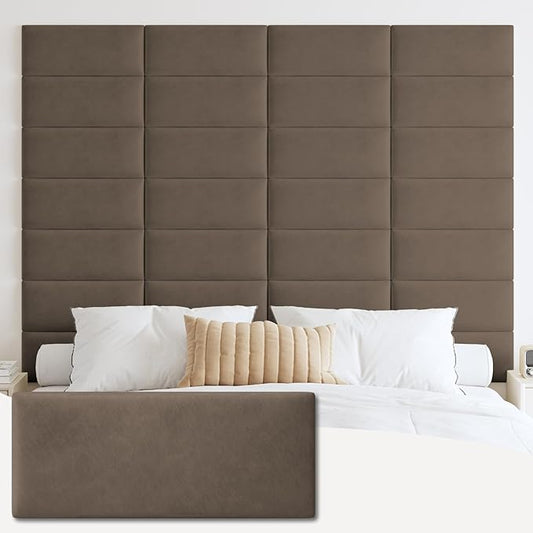 IFNOW Wall Mounted Upholstered Headboard King, 3D Peel and Stick Soundproof Panels, Reusable and Removable Padded Leather Bed Headboard, 12 Panels 9.84" x 23.62", Coffee