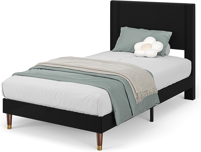 GarveeHome Twin Size Bed Frame with Upholstered Headboard and Strong Wooden Slats Support, Soft Corduroy Fabric Platform Bed, No Boxing Spring Needed, Easy Assembly, Black