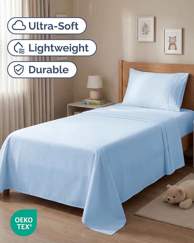 Twin Size 3 Piece Sheet Set - Comfy Breathable & Cooling Sheets - Hotel Luxury Bed Sheets for Women and Men - Deep Pockets, Easy-Fit, Soft and Wrinkle Free Sheets - Light Blue Oeko-Tex Bed Sheet Set