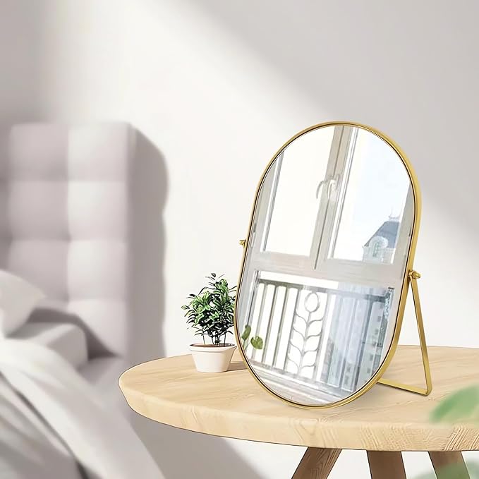 Vanity Desk Table Mirror Oval Makeup Mirror 90°Adjustable Rotation Golden Metal Framed Standing Mirrors Room Decor for Living Room,Bedroom,Tabletop,Bathroom