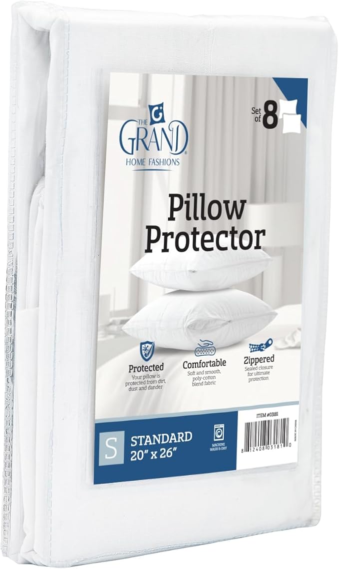 The Grand Pillow Covers Standard Size - Poly-Cotton Pillow Protector with Zipper - Moisture Wicking, Advanced Allergy Protection Pillow Protector - Protects Pillow from Dirt and Debris (6 Pack)