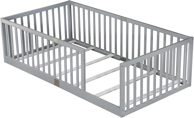 Bellemave Twin Size Montessori Floor Bed with 21.5" High Rails, Rubber Wood Twin Floor Bed with Slats, Gray