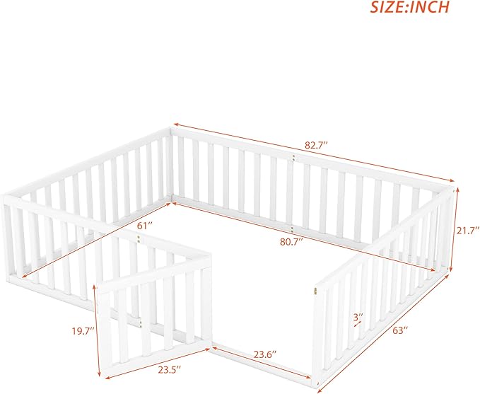 Bellemave Queen Size Montessori Floor Bed with 21.7" High Rails, Pine,Plywood Floor Bed with Small Door, White