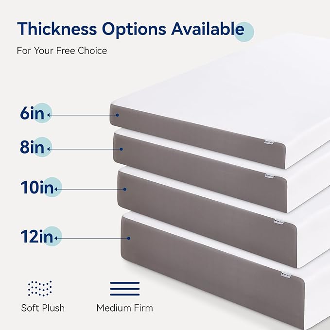 Amazon Basics Breathable Memory Foam Plush Mattress, Queen, White/Grey, 80 x 60 x 8 inches