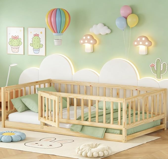 Bellemave Twin Size Montessori Floor Bed with 21.5" High Rails and Slats, Pine,Plywood Floor Bed with Small Door, Natural