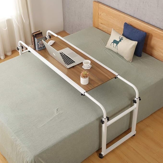 TigerDad Adjustable Overbed Table with Wheels, Mobile Laptop Desk on Wheels for King Queen Bed, Height Adjustable Rolling Computer Cart with Stand, Ancient Oak