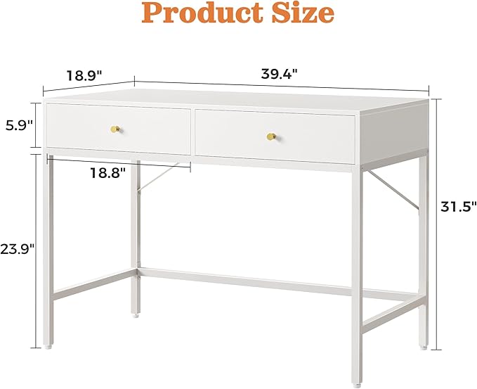 SUPERJARE 39.4" White Desk with 2 Drawers, Modern Makeup Vanity Desk, Small Computer Desk Home Office Desk for Writing Study Bedroom