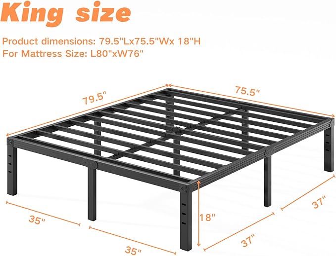18-Inch King-Bed-Frame, Heavy Duty Tall Black Platform-Bed Frames No Box Spring Needed, Easy Assembly, Under Bed Storage, Noise Free Mattress-Foundation Support up to 2000Lbs