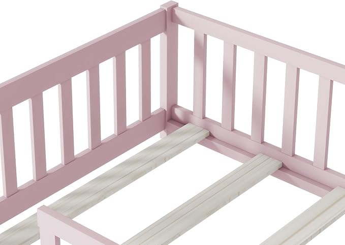 Bellemave Twin Floor Bed with Slats and Safety Guardrails, Twin Size Montessori Floor Bed with Fence and Without Door, Easy Assemble Montessori Beds Frame for Girls, Boys, Pink