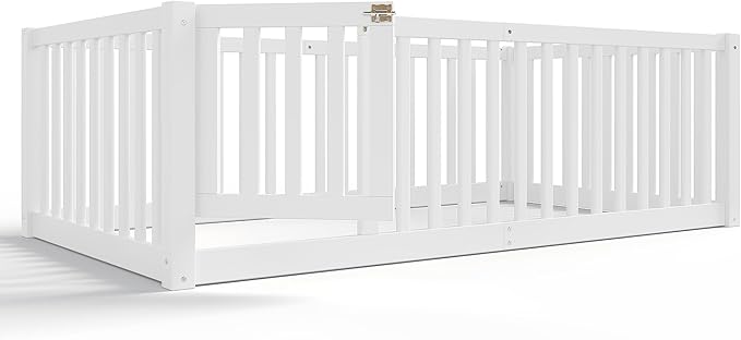 Bellemave Twin Size Montessori Floor Bed with 23.5" High Rails, Pine,Plywood Twin Floor Bed with Small Door, White