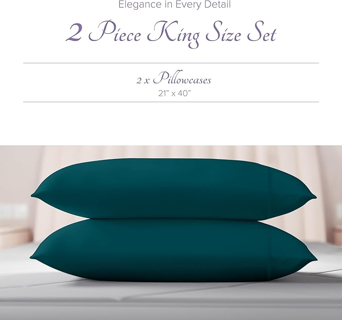 Carressa Linen 100% Egyptian Cotton King Size Pillow Cases Set of 2 - Luxury 600 Series Hydrangeas Collection King Pillowcases (Teal), Soft Cooling, Sateen Weave Hotel Quality Bed Pillow Cover