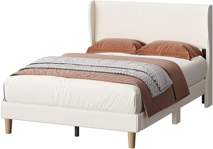 Bestier Full Bed Frame with Wingback Headboard,Upholstered Platform Full Size Bed with Strong Wooden Slats,No Box Spring Needed,Never Squeaks,Easy Assembly,Beige
