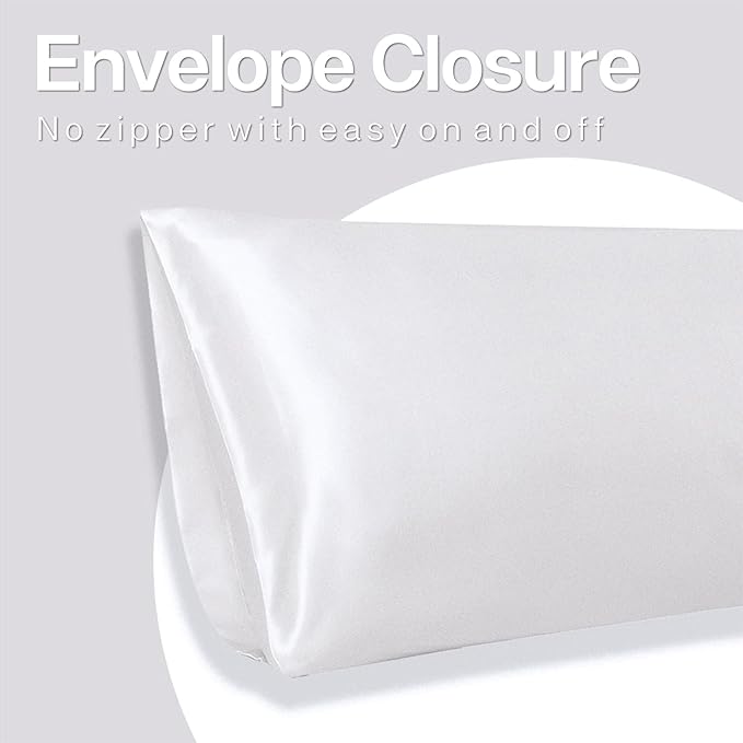 MR&HM Satin Body Pillow Cover, Soft and Breathable Body Pillow Case with Envelope Closure, Cooling and Silky Long Pillowcase for Hair and Skin,Grey (20x54, White)